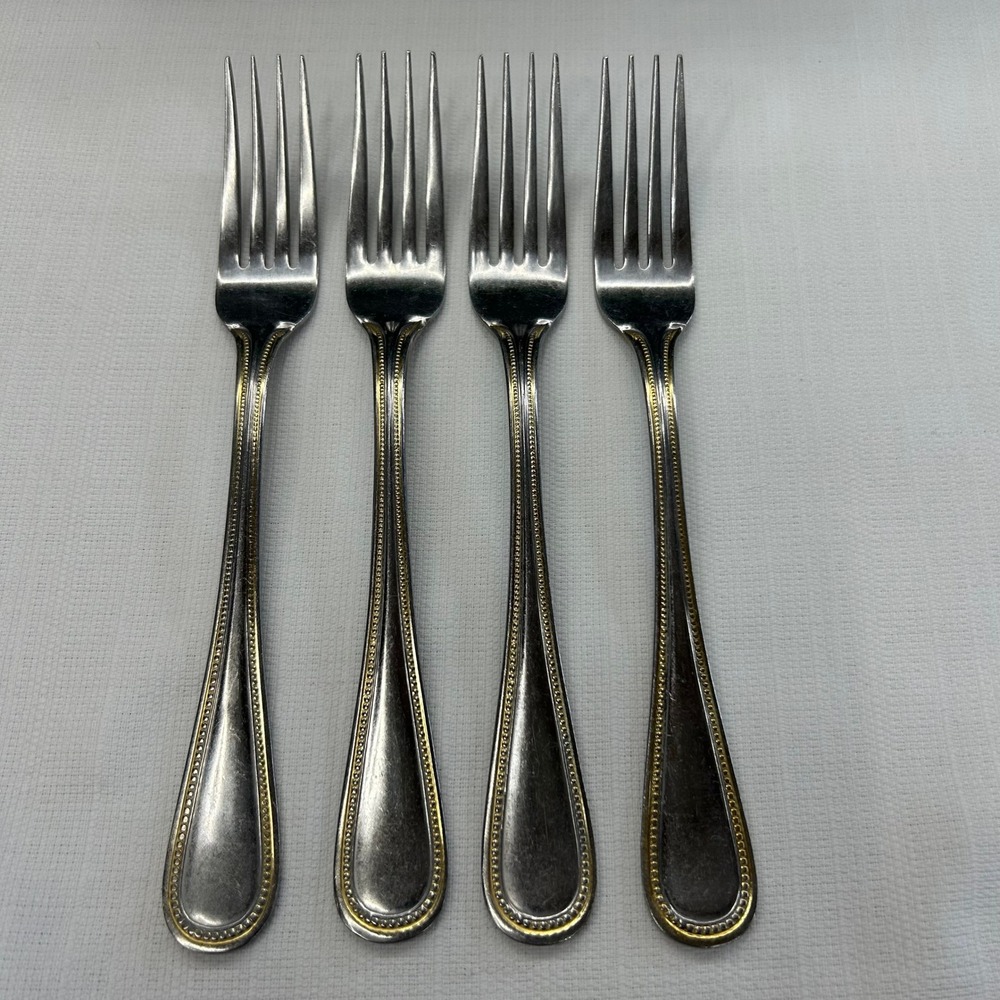 4 pc International Silver Royal Bead Gold Dinner Forks 7.5" Stainless Gold Trim